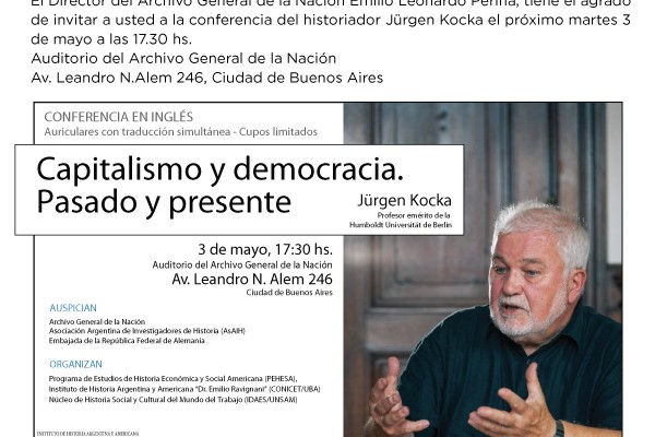 El historiador Jürgen Kocka disertará sobre “Capitalismo y Democracia, pasado y presente”